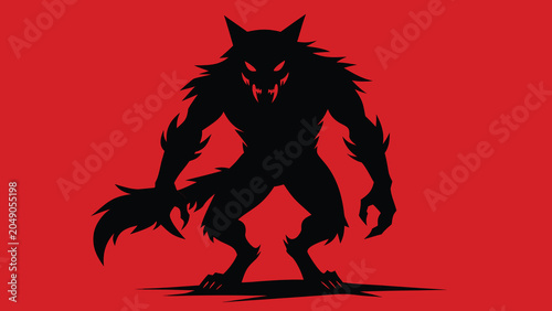 Silhouette of a ferocious werewolf with glowing red eyes against a stark red background conceptualizing Halloween horror