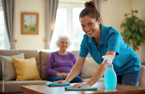 Smiling woman cleans table in home living room. Senior lady sits on couch watching. Caregiver helps elderly woman with tidiness and comfort. Domestic help service.