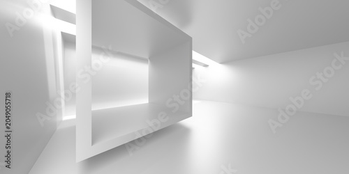 Bild auf Leinwand Minimal white interior corridor with floating rectangular frame and soft indirect lighting for gallery background and exhibition display