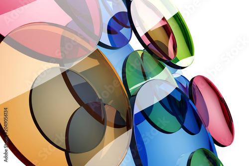 Abstract translucent colored glass bubbles overlapping in vibrant glossy spheres composition for decorative background and modern design projects.3d render