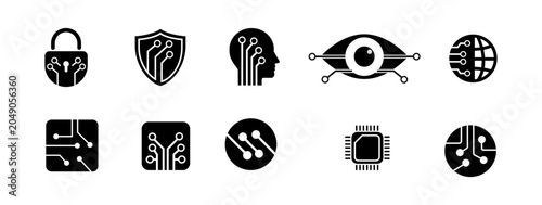 Bild auf Leinwand Modern Electronics, AI, Cybersecurity and Digital Technology Icons Set – Black a