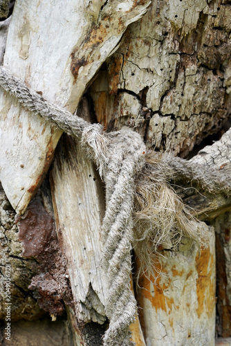 Close-up of a frayed rope tightly wrapped around a weathered wooden post.