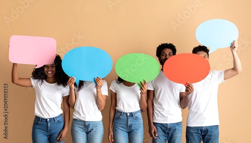 Group of diverse people holding colorful speech bubbles, smiling