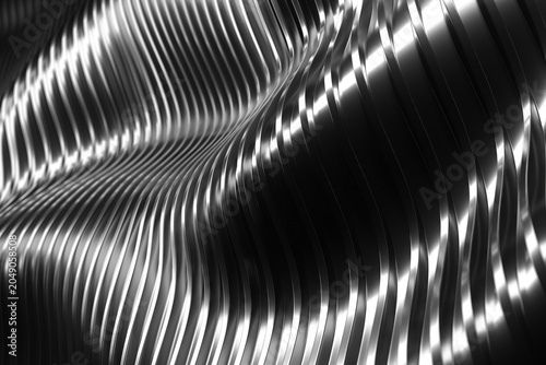 Canvastavla Wavy metallic ribbed surface with high contrast black and silver reflections for abstract industrial background and texture design