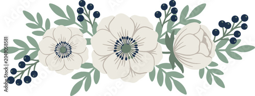 Bild auf Leinwand beautiful elegant white anemone flowers with dark blue berries and muted green l