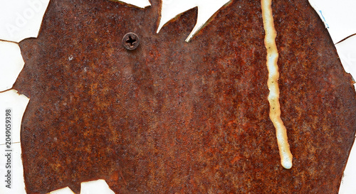 Rusted Metal Surface with Peeling White Paint Texture Background