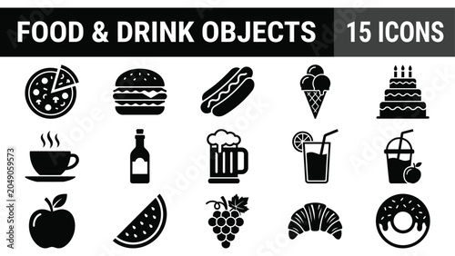 Photos Collection of Food and Drink Icons: Pizza, Burger, Hot Dog, Ice Cream, Cake, Cof