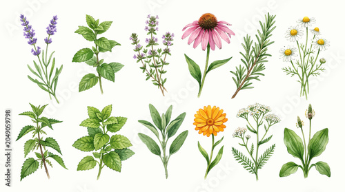 Watercolor painting of various herbs and medicinal plants on a white background