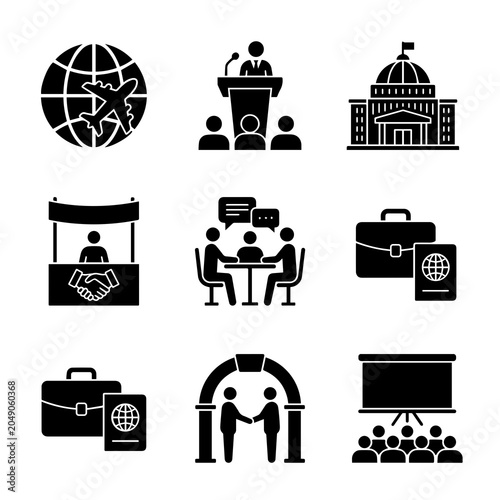 Business and corporate travel strategy glyph icon set with business, corporate