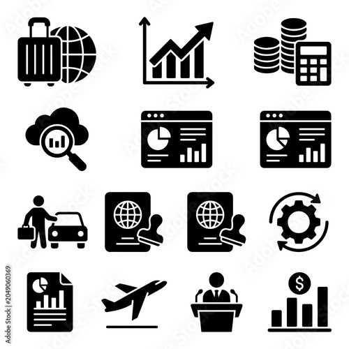 Corporate finance and business travel management icons with business, management