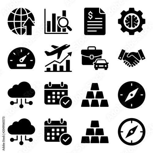 Global business growth and financial management icon pack with business