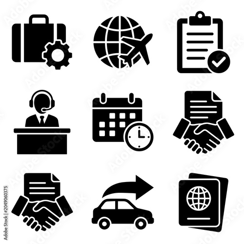 Business travel logistics and financial planning icon collection with business