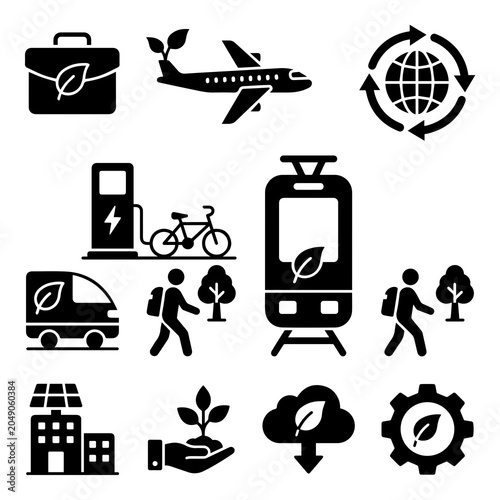 Collection of sustainable transport and eco friendly business concept icons