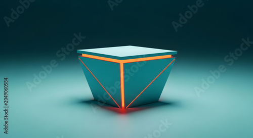 Minimalist teal geometric cube structure featuring glowing orange interior light edges on a smooth surface background