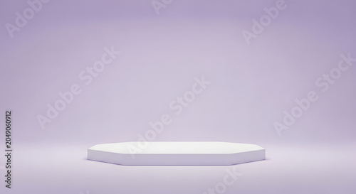 Minimalist white octagonal display pedestal floating against a soft pastel purple studio background for product presentation