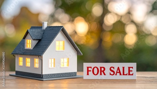 House Model with For Sale Sign Representing Real Estate