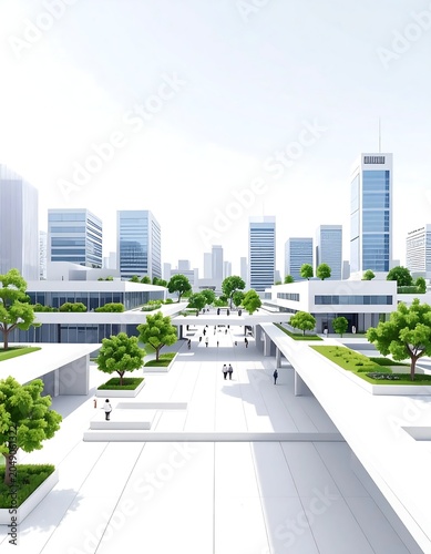 Modern urban cityscape with skyscrapers and green highway.