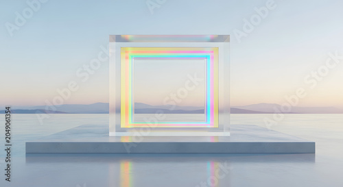 Transparent glass cube featuring a glowing rainbow neon frame displayed on a smooth concrete pedestal