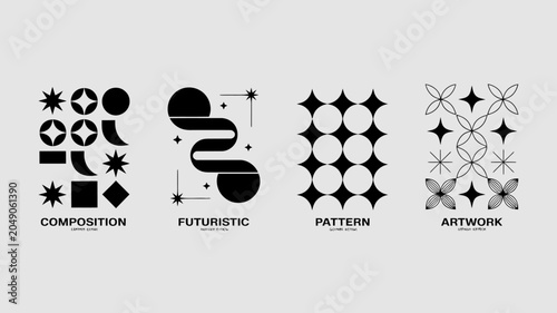 Fotografie Geometric black and white vector illustrations displayed as four separate poster