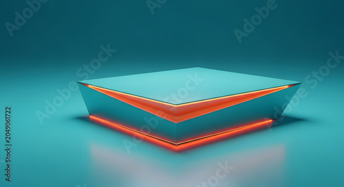 Empty cyan geometric pedestal platform featuring glowing orange neon lights for showcasing premium commercial product displays