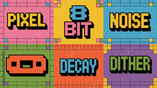 Foto Pixel bit noise decay and dither words in a colorful pixelated vector illustrati