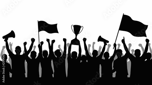 Schilderij op canvas Crowd silhouette with raised arms and trophy on a white background celebrating a