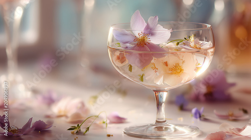 Pastel cocktail in a stemmed coupe topped with edible blossoms surrounded by scattered petals on a table bathed in dreamy diffused light