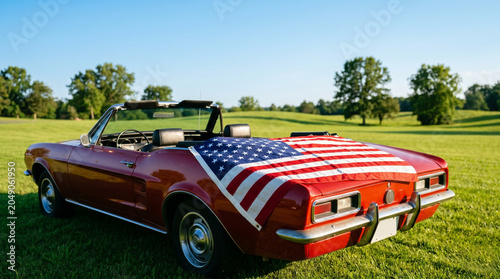 Classic red convertible car with an American flag on a sunny meadow