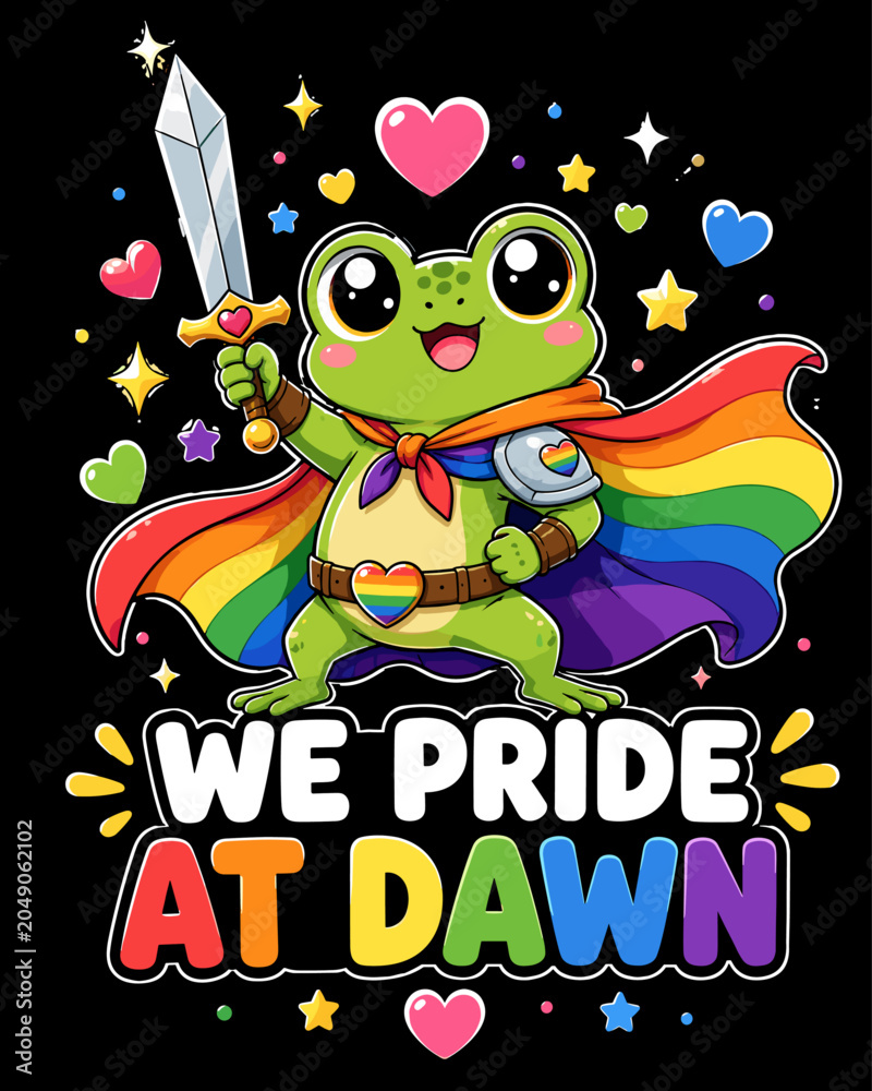 Naklejka premium Cute Rainbow Frog Knight Pride Graphic with Sword, Cape and Bold Dawn Typography