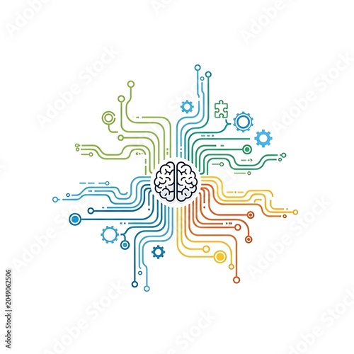Colorful abstract illustration of human brain with gears and symbols.