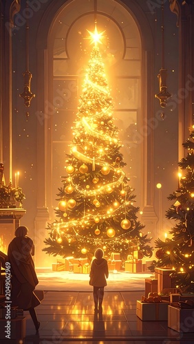 Interior with festive decorated trees, illuminated, and holiday cheer