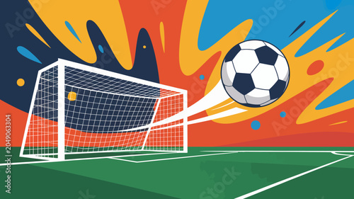 Obraz na płótnie Soccer goal with approaching ball and vibrant background a colorful vector illus