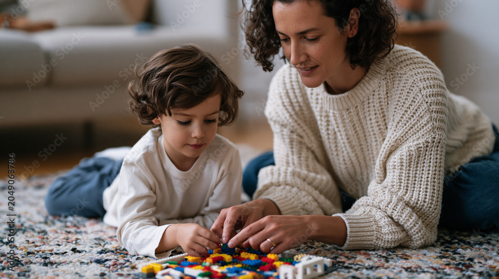 Naklejka premium Parent building LEGO architecture beside child at living room floor, attention deficit neurobiology structured play therapy, focused engagement parenting technique, neurodivergent