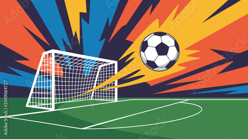 Soccer ball approaching a goal net a vibrant vector illustration with a dynamic colorful background football goalpost sports sport