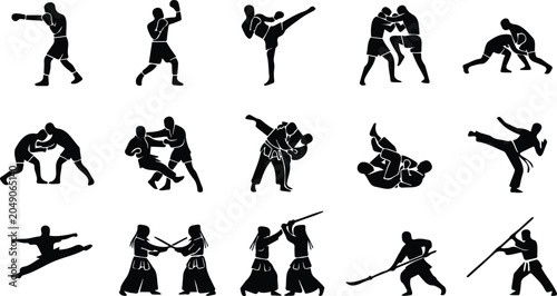Tableau sur toile Combat Sports and Martial Arts Disciplines Icons Set with Blue Outlined Silhouet
