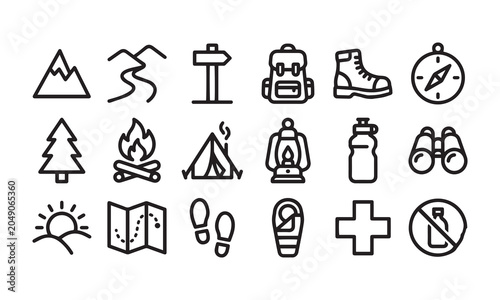 Fotografi Camping and hiking icons set in line art style for outdoor adventure travel designs