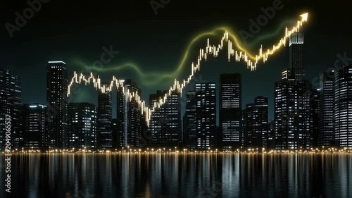 Graphs display the rise in stock prices alongside a city skyline. The visuals capture a clear growth in market trends