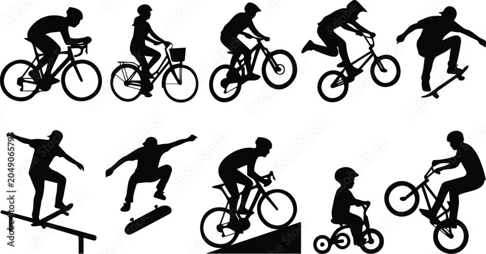 Naklejka premium Cycling Skateboarding Silhouette Set Black Vector Icons BMX Bike Skater Various Poses Extreme Sport Collection