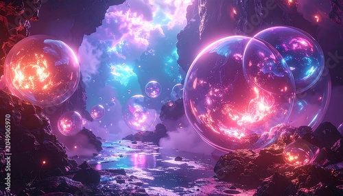 Surreal digital art of cosmic bubbles within a fantastical landscape