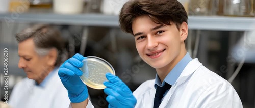 A young man in a lab coat smiles as he holds a petri dish in a laboratory. A senior man works in the background