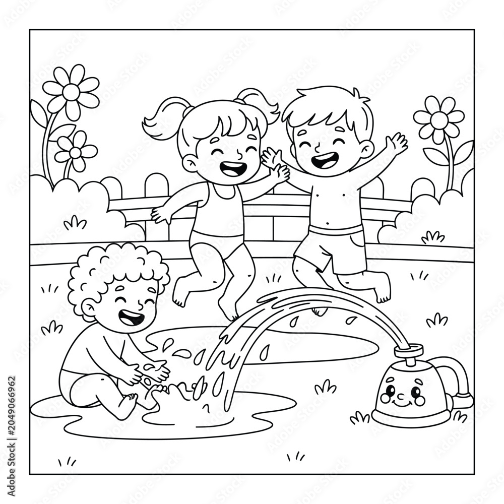 Fototapeta premium Summer Kids Splashing And Playing With Water Outdoors For Summer coloring page Happy Childhood Fun
