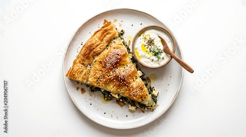 Delicious spinach and feta savory pie slice on white plate with yogurt sauce
