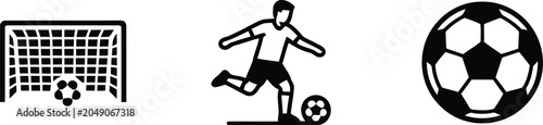 Black and white soccer icons with goal player and ball