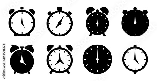 Black and white clock icons set - Minimalist black and white clock icons in a variety of styles for digital or print use.