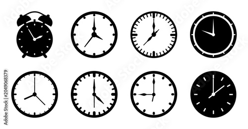 Black and white clock icons set with alarm - Minimalist black and white clock icons including analog timepieces and an alarm clock design for digital use.