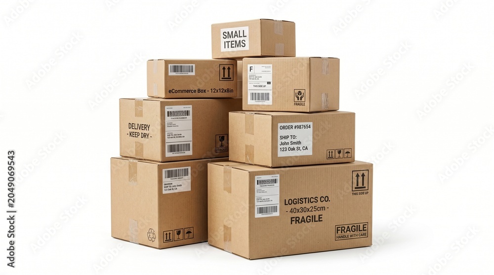 Fototapeta premium Stacked Cardboard Moving Boxes with Labels and Weight Details Illustration