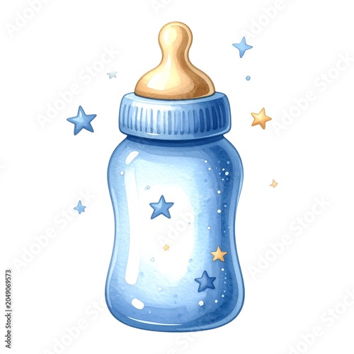 Blue glass bottle with star decorations and cork stopper.