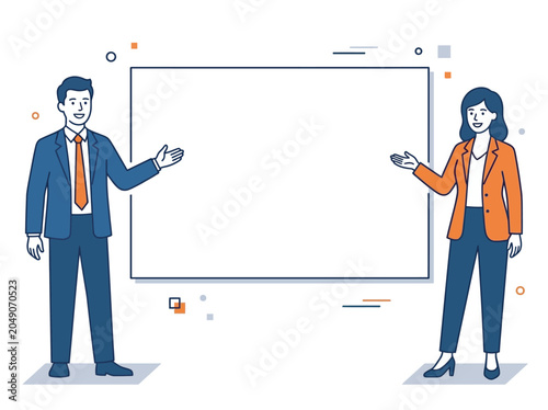 Smiling man and woman in business attire gesturing towards a large blank whiteboard for presentation