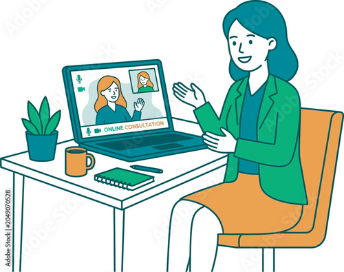 Woman on a video conference call providing online consultation, with a plant and coffee on the desk