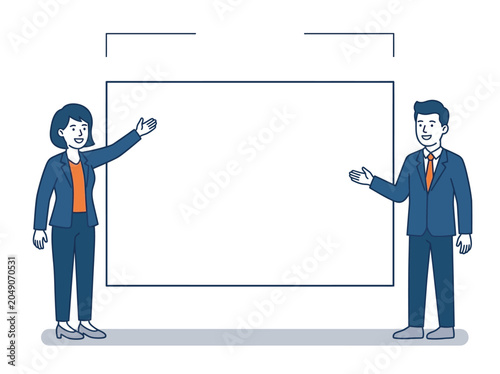 Man and woman in professional clothing gesturing towards a large blank rectangular space for content